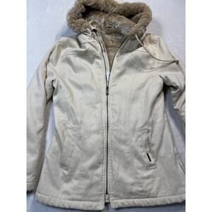 Womens Hemp Hoodlamb Size Medium Jacket Coat Hooded Cream Fur Lined Canvas Heavy